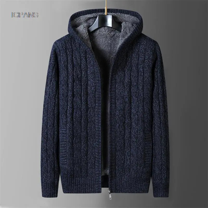 Men's Hooded Knit Winter Sweater Warm Fleece Liner Cardigan Black Khaki Knitwear Jacket Coat Clothing