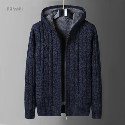 Men's Hooded Knit Winter Sweater Warm Fleece Liner Cardigan Black Khaki Knitwear Jacket Coat Clothing