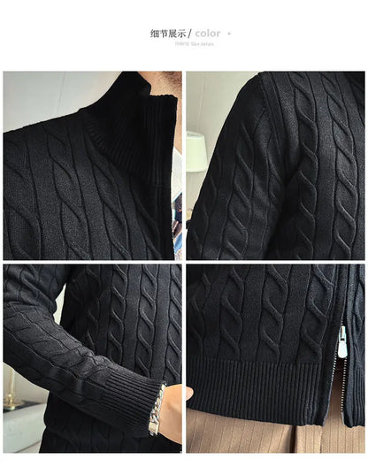 Men's Sweater Autumn Winter New Slim Fit Stand Collar Zipper Knitted Cardigan Fashion Solid Color Warm Stretch Knit Tops Coats