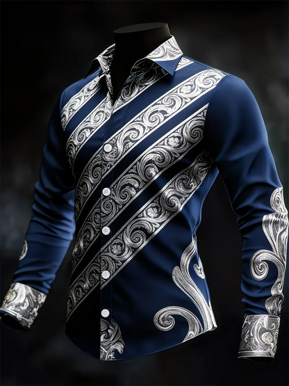 New men's 3D printed long sleeved shirt with high-quality gear pattern casual long sleeved lapel top