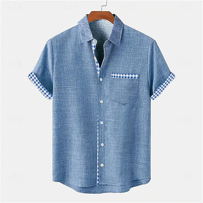 2026 Summer Men's Short-Sleeve Shirt, Coconut Tree Print, Color-Blocked Placket, Casual Vacation Beach Shirt, Hawaiian Shirt