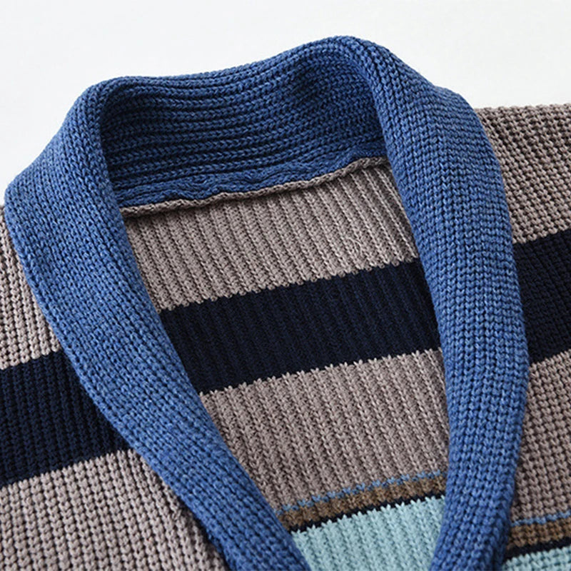 Trendy Mens Knitted Cardigans 2025 Spring Casual Button-up Lapel Sweatercoats Men Vintage Rainbow Striped Sweater Jacket Coats