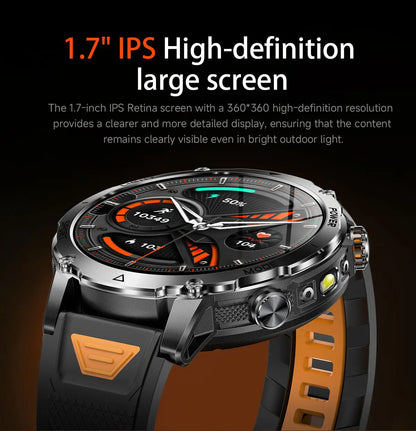 Newly Durable 1400mAh Large Battery Smart Watch Men 1.7" HD Screen IP68K Waterproof LED Flashlight Sports BT Call Smart Bracelet
