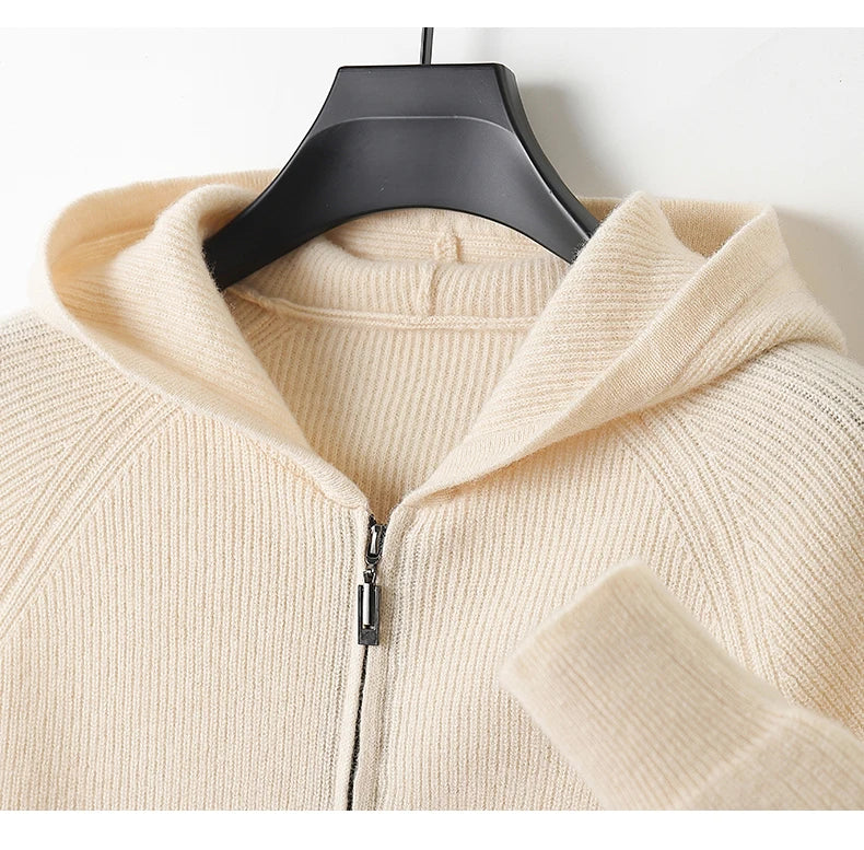 Men 100% Merino Wool Sweater Hooded Zipper Cardigan Autumn Winter Thickened Knit Large-size Jacket Long Sleeved Sportswear Coat