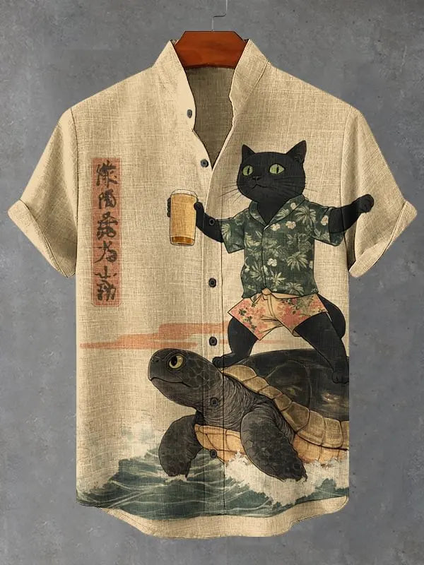 Men's Edo Cat Samurai Warrior Japanese Art Anime Shirts 3D Print Casual Hawaiian Shirts Summer Men Women Short Sleeve Blouse Top