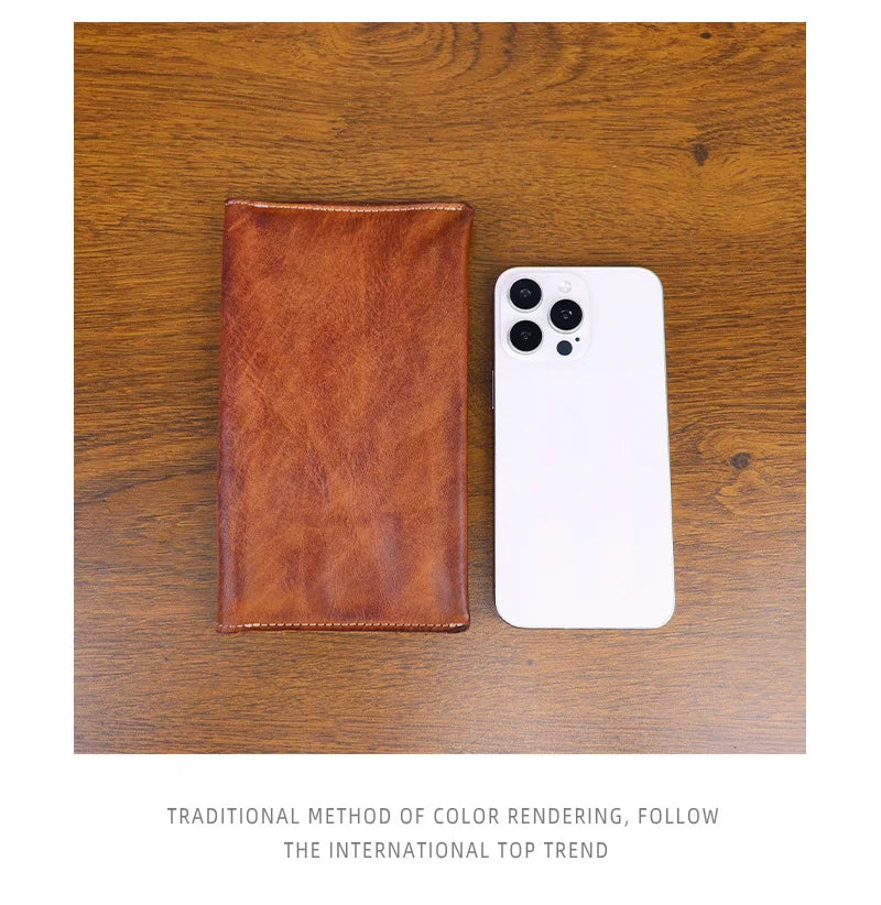 Large Capacity Men Wallet Vintage Genuine Cow Leather Handbag Card Holder Phone Pocket High Quality Handmade Male Money Clips