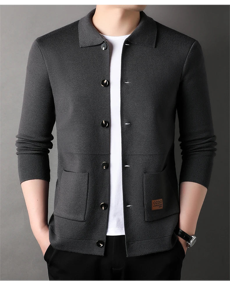 Autumn and Winter New Men's Long-Sleeved Sweater Youth Popularity Cardigan Men's Knitwear Sweater Lapel Youth Thin Coat