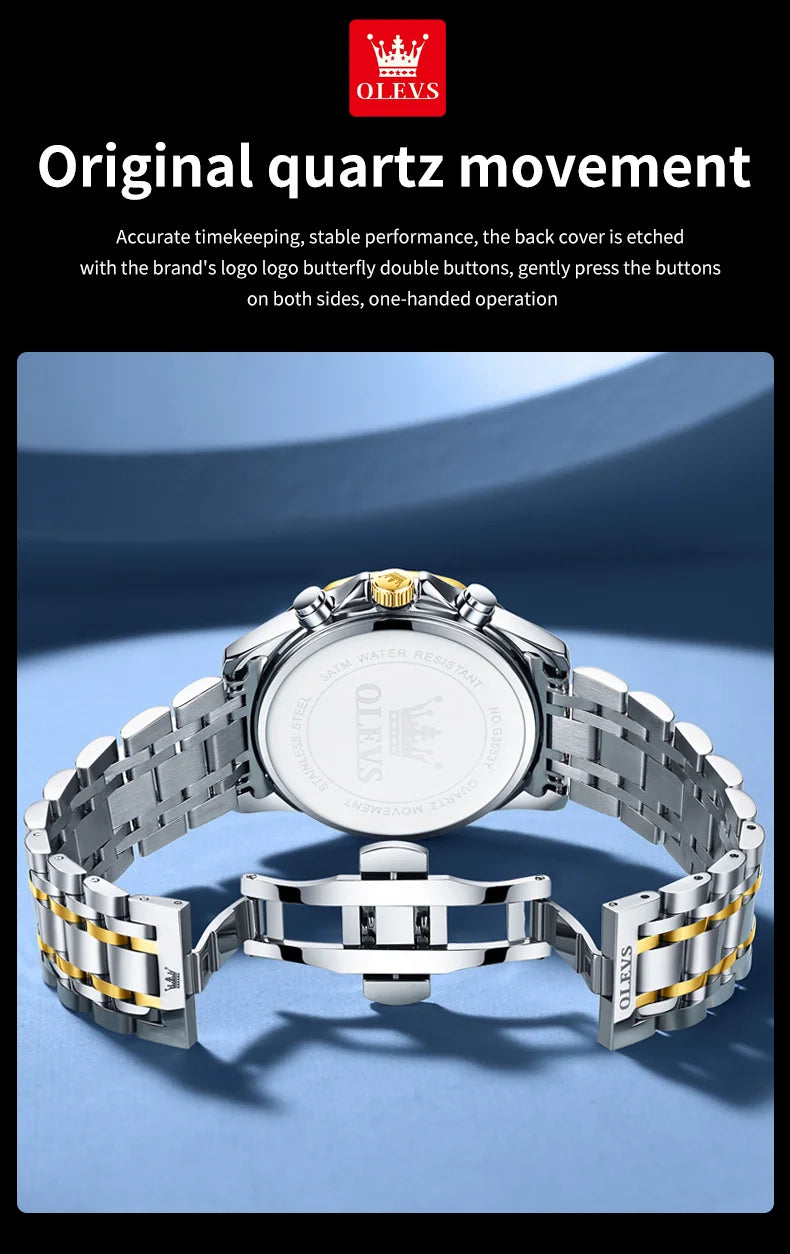 OLEVS 3653 Original Mens Quartz Watch NEW Four Functional Small Dials Chronograph 24-hour Moon Phase Stainless Steel Waterproof Man Wristwatch