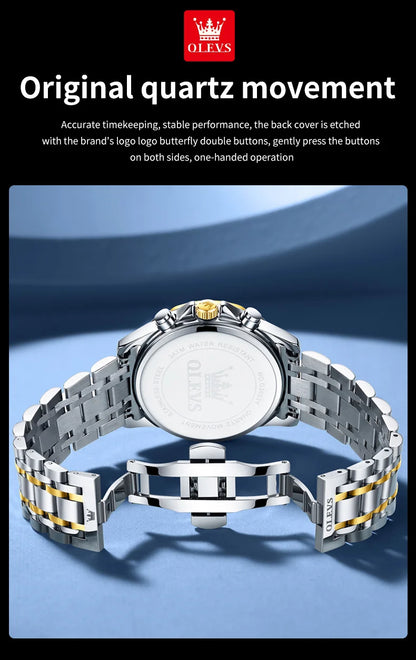OLEVS 3653 Original Mens Quartz Watch NEW Four Functional Small Dials Chronograph 24-hour Moon Phase Stainless Steel Waterproof Man Wristwatch