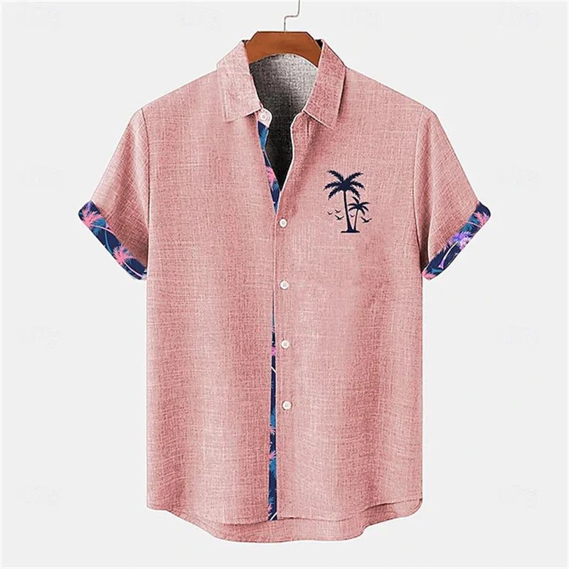 2026 Summer Men's Short-Sleeve Shirt, Coconut Tree Print, Color-Blocked Placket, Casual Vacation Beach Shirt, Hawaiian Shirt