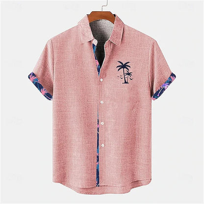 2026 Summer Men's Short-Sleeve Shirt, Coconut Tree Print, Color-Blocked Placket, Casual Vacation Beach Shirt, Hawaiian Shirt