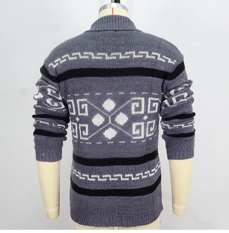 Men's Geometric Knit Cardigan Shawl Collar Full Zip-Up Tribal Print Sweater Chunky Ribbed Knit Vintage Navajo-Inspired Jacket