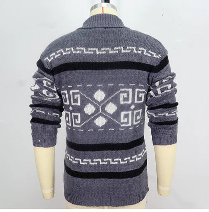 Men's Geometric Knit Cardigan Shawl Collar Full Zip-Up Tribal Print Sweater Chunky Ribbed Knit Vintage Navajo-Inspired Jacket