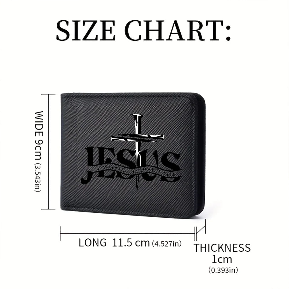 Men's Leather Simple Double-sided Wallet, Short Style, Casual Jesus Pattern, Thin Card Case, Men's Money Clip
