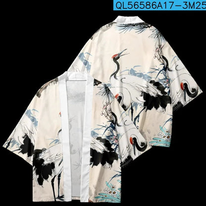 Japanese Style Cosplay Shirt 3D Crane Print For Men Women Traditional Samurai Kimono Haori Japanese Beach Yukata