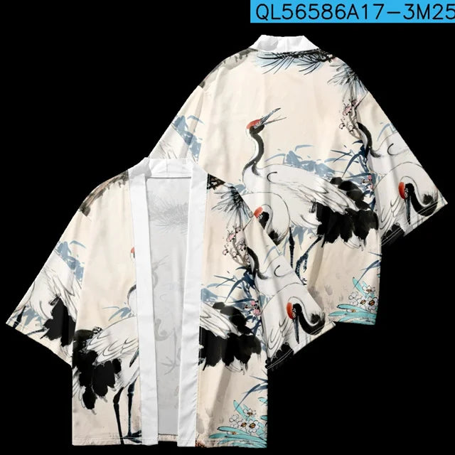 Japanese Style Cosplay Shirt 3D Crane Print For Men Women Traditional Samurai Kimono Haori Japanese Beach Yukata