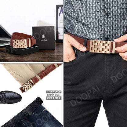 2023 Men Belt Metal Luxury Brand Automatic Buckle Plaid Genuine Leather Belts for Men Waist Strap Black Male