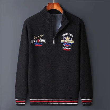 Men's Fleece Warm Half Zip Pullover Knitted Sweater Vintage Letter Print Cotton Coat Red/Black Winter Fashion
