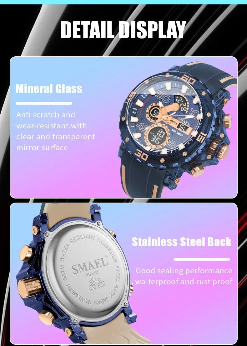 SMAEL 8136 50M Waterproof Military Watch for Men - LED Backlight Alarm Chronograph Stopwatch Shockproof Outdoor
