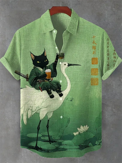 Men's Cat Patterned Black Crane Short Sleeved Shirt, Linen Retro Green Top, Fashionable Lapel Top, Retro Art