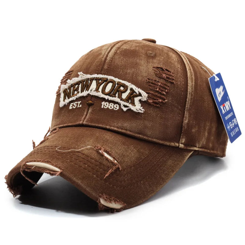 Letter New York Broken Hole Baseball Cap Washed Cotton Adjustable Embroidery Baseball Cap Sunscreen Hats For Man Women Fashion