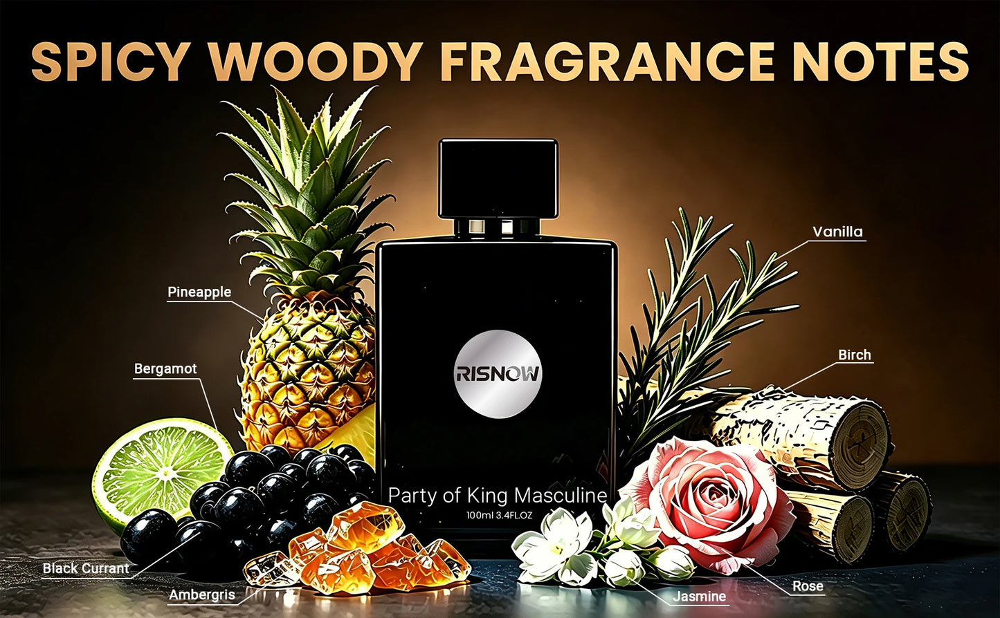 RISNOW Spicy Woody Fragrance 3.4 oz 100ml for Men - Party of King Masculine with Bergamot Pineapple Birch Patchouli Long-Lasting Luxury Arabian Men's Perfume