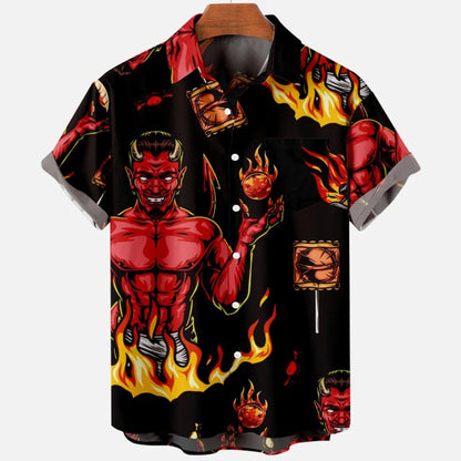 Summer New Retro Men's Shirt Devil Horror Skull Short Sleeve Shirt Collar 3D Printing