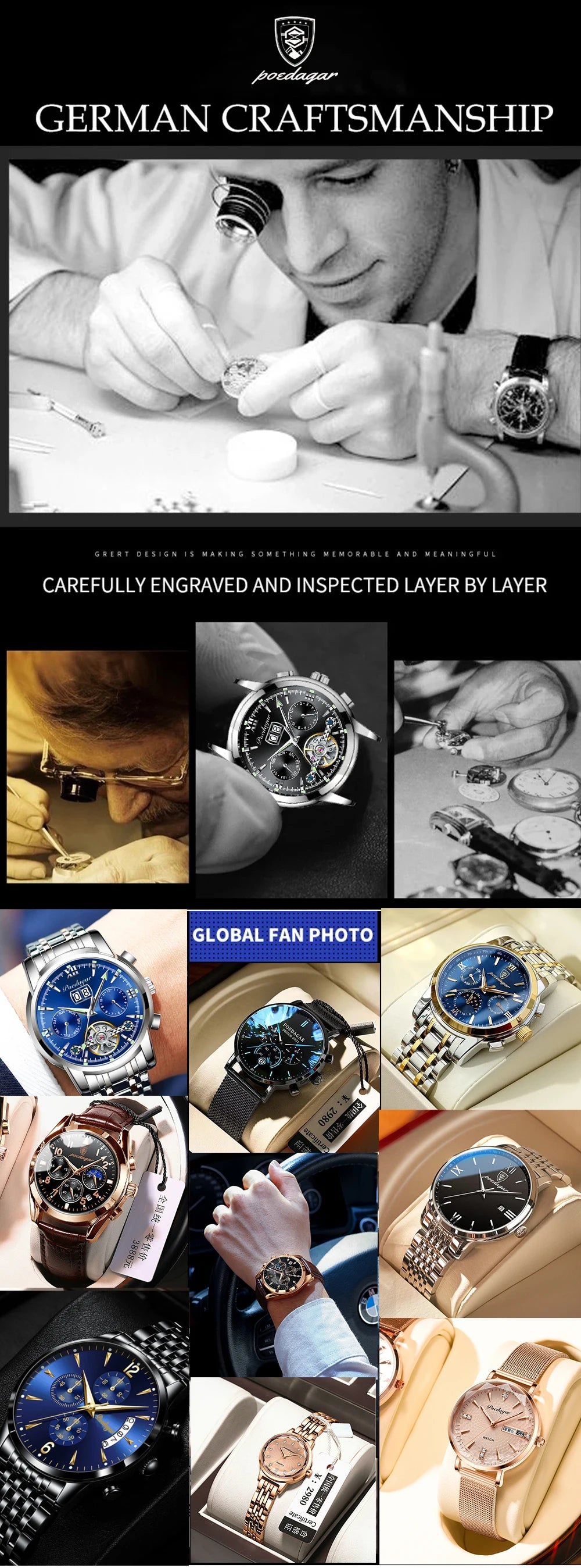 POEDAGAR Original Fashion Men Clock Luminous Waterproof Chronograph Date Watch For Man Luxury Leather Quartz Men's Watches Reloj