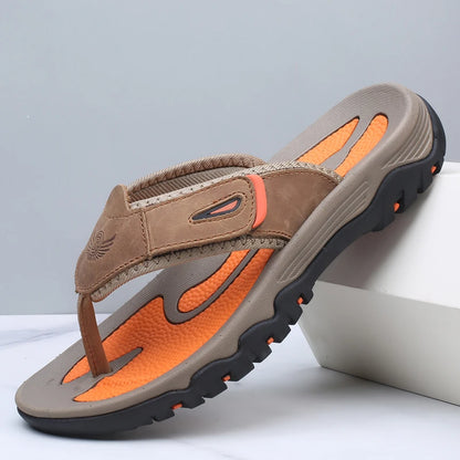 Men Sport Thong Slippers Genuine Leather Upper Adjustable Hook Loop Shock Absorb Anti Slip MD Sole Daily Beach Casual Flip Flops