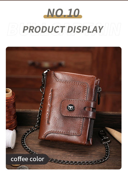 BULLCAPTAIN Men's Genuine Leather Wallet Business Retro Snap Wallet Multifunctional RFID Anti-Theft Zipper Multi-Card Coin Purse