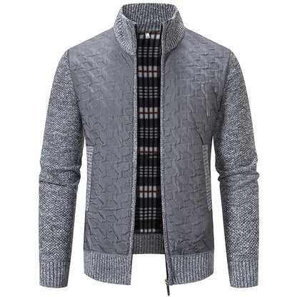 Mens Sweaters Jacket Full Zip Fleeced Sweater Cardigan Plaid Stand Collar Sweaters Coat Autumn Winter Homme Clothes