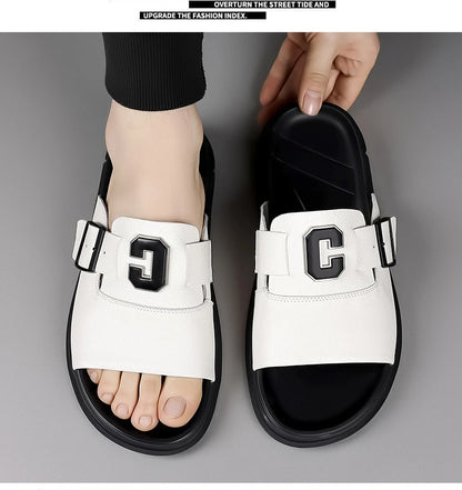 Men Outwear Genuine Leather Slippers for Men Fashion Buckle Designer Summer Flip-flops Male Casual Non-slip Beach Shoes Man