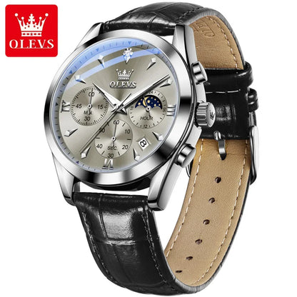OLEVS 3609 Original Moon Phase Chronograph Watch for Men Leather Waterproof Luminous Luxury Quartz Mens Wristwatches Reloj Mujer
