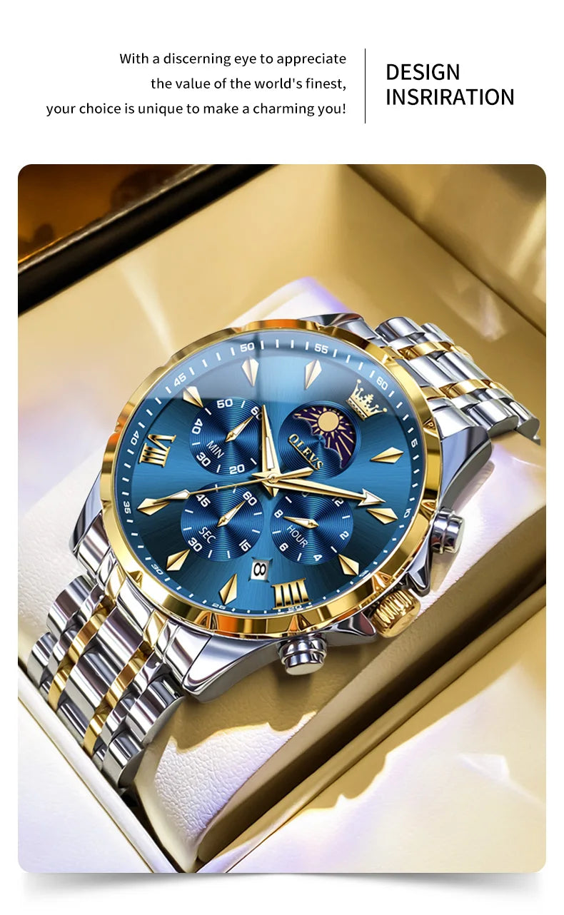 OLEVS 3653 Original Mens Quartz Watch NEW Four Functional Small Dials Chronograph 24-hour Moon Phase Stainless Steel Waterproof Man Wristwatch