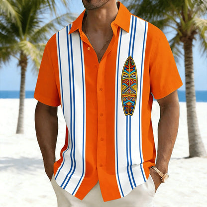 Men's Colorful Parrot Printed Short Sleeve Shirt, Striped and Tropical Macaw Pattern Loose Breathable Shirt