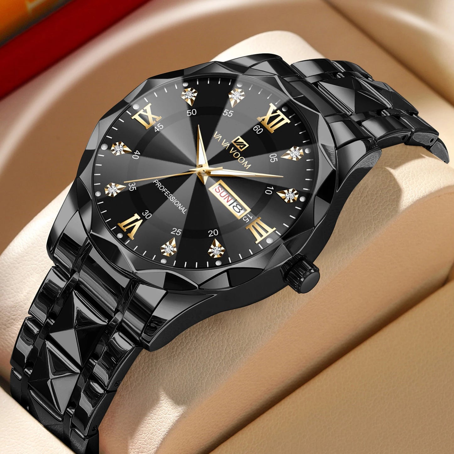 VA VA VOOM Hot Selling Original Blue Gold Creative Design Classic Hot selling Quartz Watch Men Fashion High Quality Rhombus Design Fashion Business Japanese Movement Gold Stainless Steel Fashion Clock Sports Watch for Men Gif