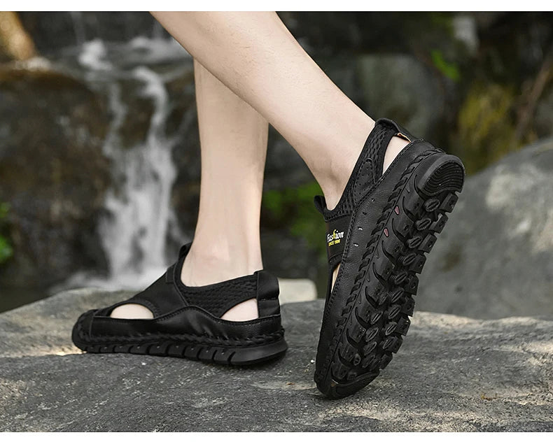Summer Sandals Breathable Men Shoes Leather & Mesh Outdoor Men Sandals Antiskid Beach Sandals Hollow Flats Footwear Handmade New