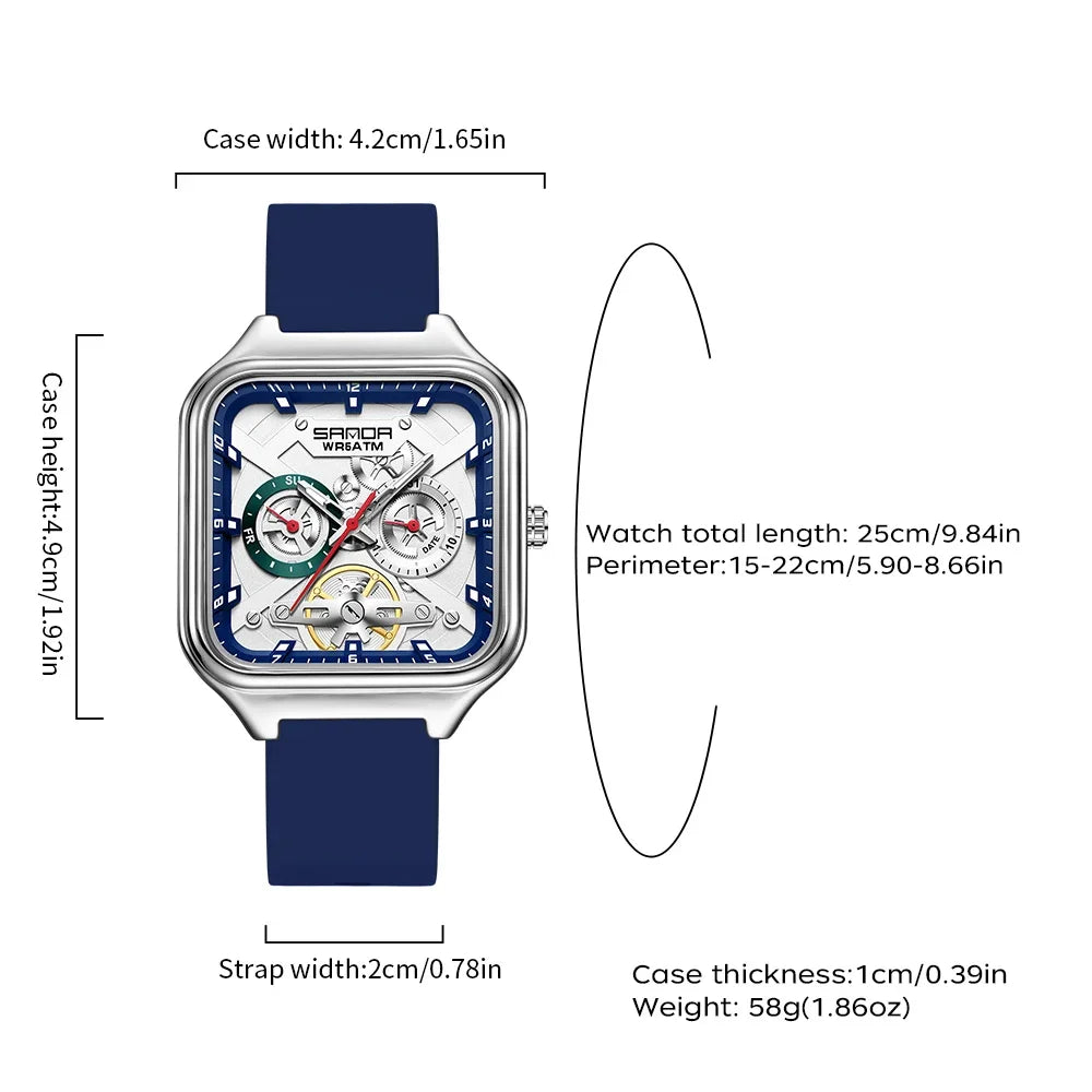 SANDA New Casual Men's Square Watches Fashion Hollow Skeleton Luminous 5ATM Waterproof Multifunction Chronograph Quartz Watch