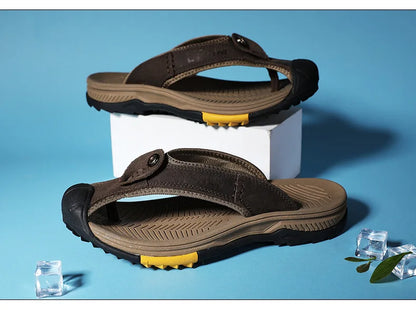 Genuine Cow Leather Shoes Men Sandals Flip Flops Men's Casual Shoes Classic Massage Men Beach Slippers Anti-slip Summer 2025 New