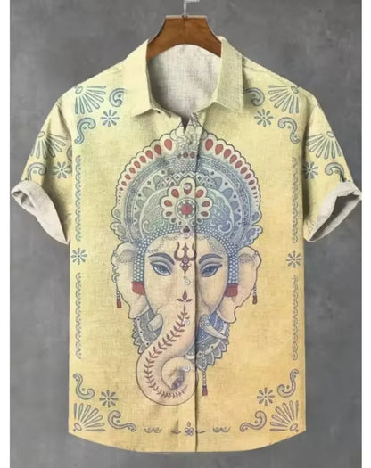 New Retro Men's Ethnic Elephant Pattern Print Lapel Shirt, Fashion Casual Short Sleeve Linen Neuheiten in Oberteile Und T-shirts