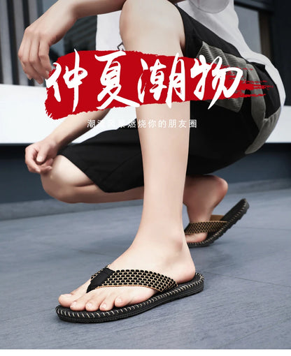 Men's flip flops summer new lightweight rubber woven slippers fashion casual outdoor sandals breathable anti slip beach shoes