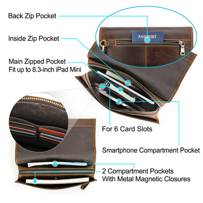 CONTACT'S Genuine Leather Clutch Bags Men Password Retro Wrist Strap Handbag iPad Travel Business Fitness Clutch Wallet