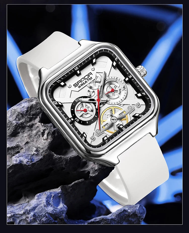 SANDA New Casual Men's Square Watches Fashion Hollow Skeleton Luminous 5ATM Waterproof Multifunction Chronograph Quartz Watch