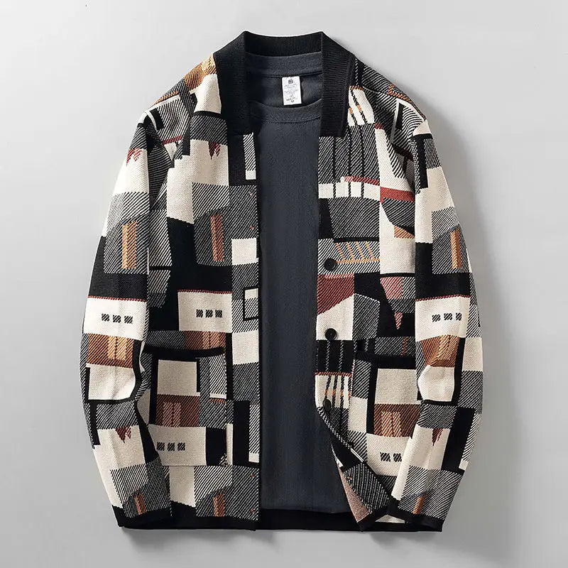 Geometric Oil Painting Camouflage Irregular Cardigan Sweater Men's Plus Size Widened Autumn New Outer Wear Jacket Top Preppy