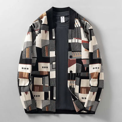 Geometric Oil Painting Camouflage Irregular Cardigan Sweater Men's Plus Size Widened Autumn New Outer Wear Jacket Top Preppy
