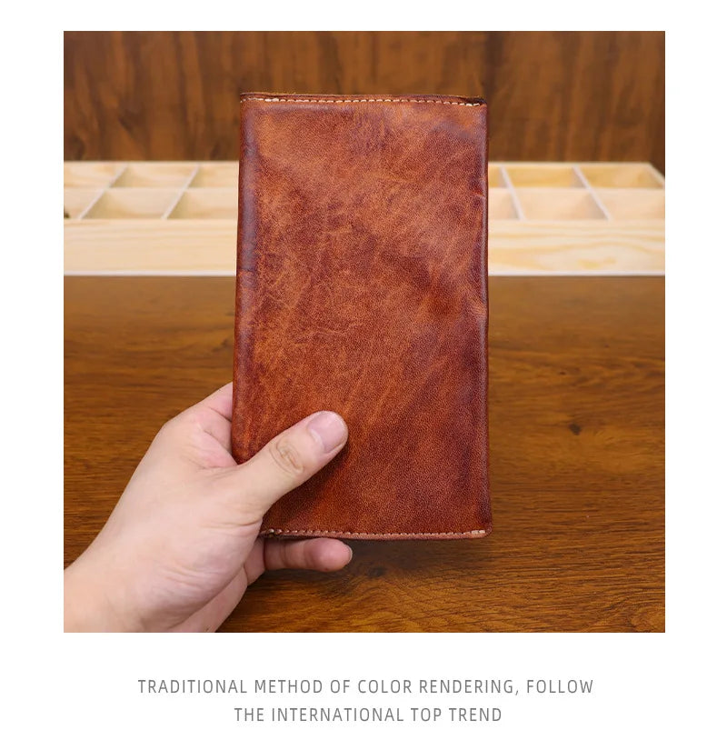 Large Capacity Men Wallet Vintage Genuine Cow Leather Handbag Card Holder Phone Pocket High Quality Handmade Male Money Clips