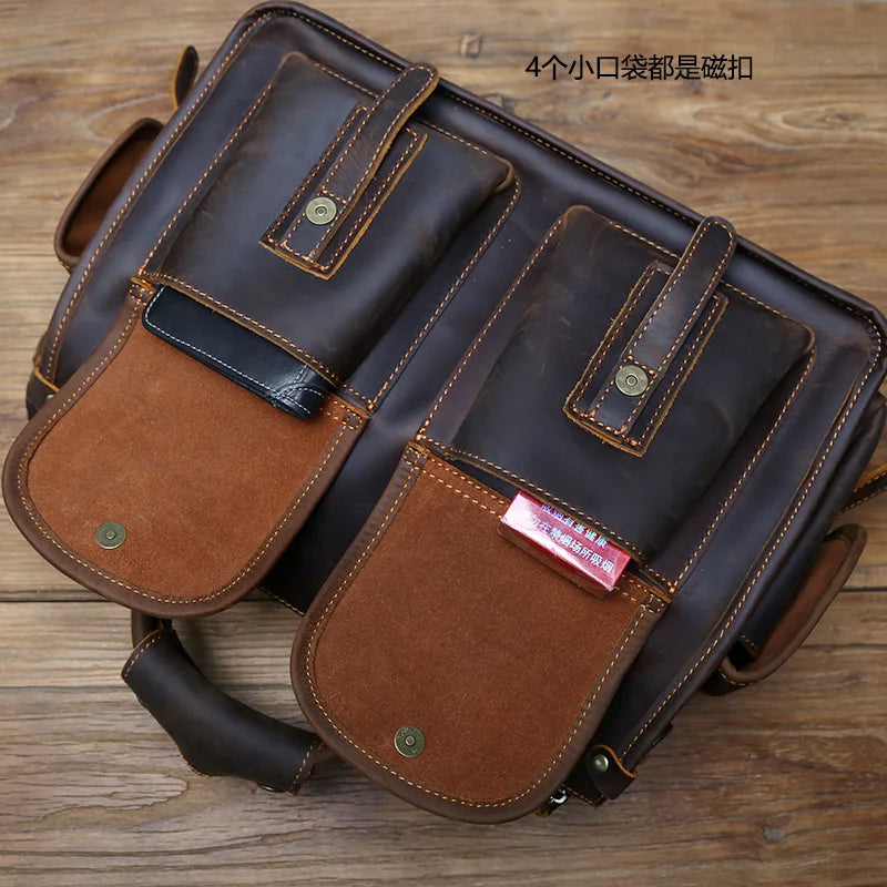 NZPJ Vintage Genuine Leather Men's Briefcase Crazy Horse  Handbag Natural Cowhide Travel Bag Casual Shoulder Crossbody Bag