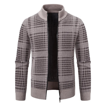 Mens Sweaters Jacket Full Zip Fleeced Sweater Cardigan Plaid Stand Collar Sweaters Coat Autumn Winter Homme Clothes