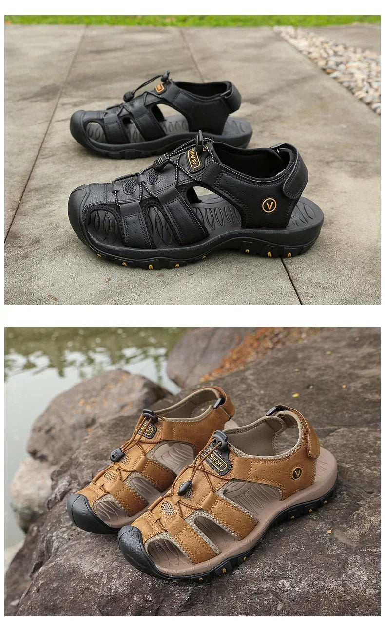 2026 New Men's Sandals Handmade Thick Bottom Rubber Breathable Casual Slip-On Beach Shoes Leather Upgraded Version