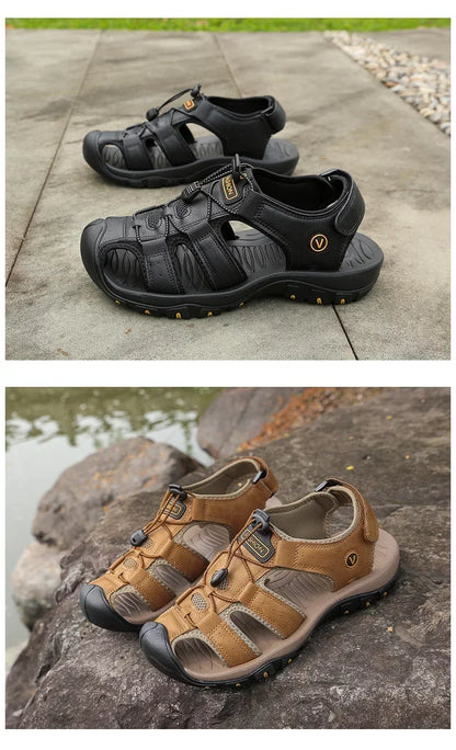2026 New Men's Sandals Handmade Thick Bottom Rubber Breathable Casual Slip-On Beach Shoes Leather Upgraded Version